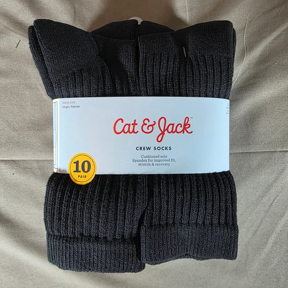 Cat & Jack Kids Crew Socks 10 Pair Pack Black Cushioned Sole Size L 3-7